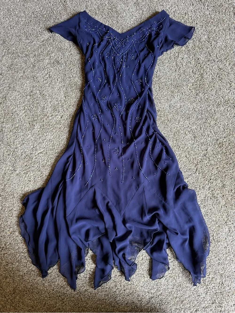 Vintage 90s Whimsigoth Navy Asymmetrical Beaded Handkerchief Hem Dress Womens 16 - Picture 1 of 9